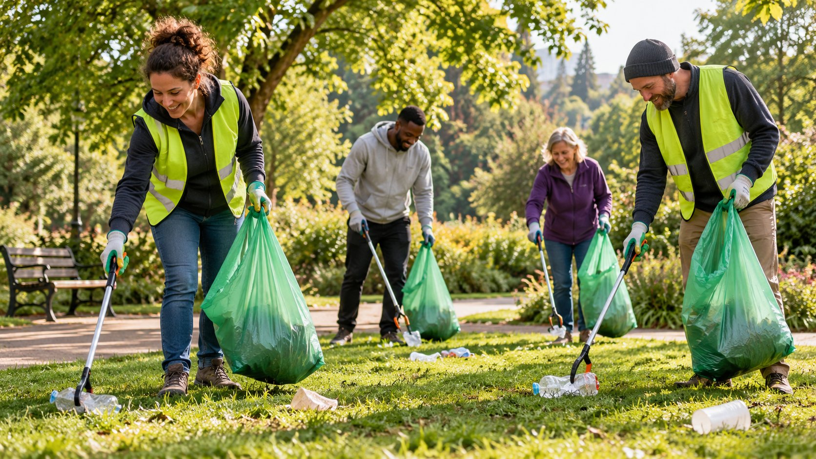 Illustrative image of four adults using litter pickers and green bags to collect ordinary litter in a leafy park; this does not depict an arranged Bristol event.
